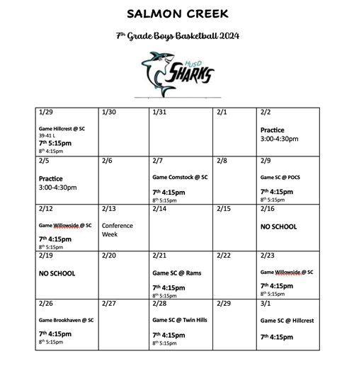 7th grade Boys Basketball Schedule